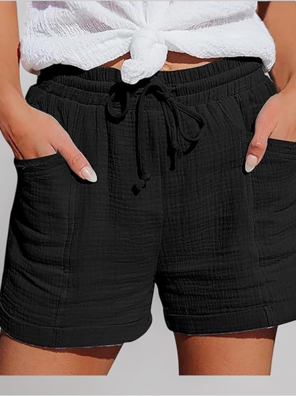 Women’s Black Cotton-Linen Paper bag Waist Shorts Size Medium Neutral Ground